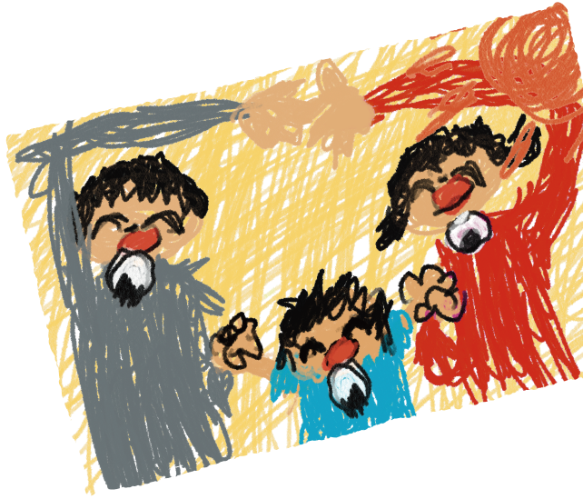 父子母がおにぎりを食べる絵