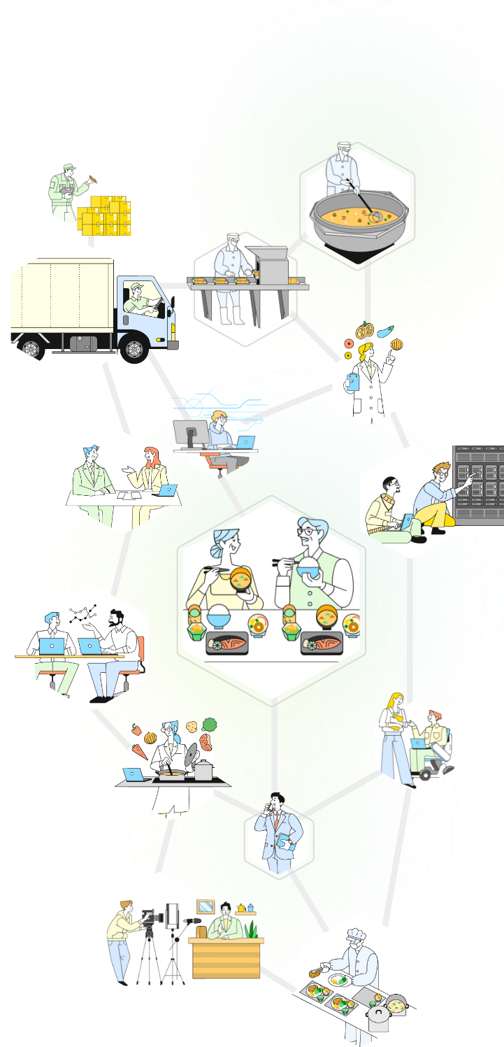 食事を楽しむ人を、ナリコマの人や仕事が支え、つながっているイメージのイラスト